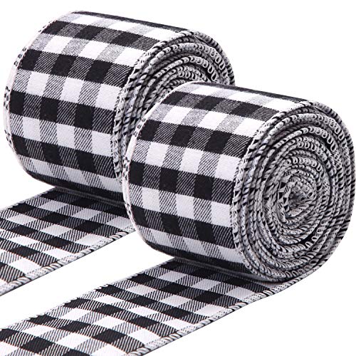 URATOT 2 Rolls Christmas White and Black Plaid Burlap Ribbon Christmas Wired Ribbon Gift Wrapping Ribbon for Christmas Tree Crafts Decoration, Floral Bows Craft, 236 by 2.48 Inches