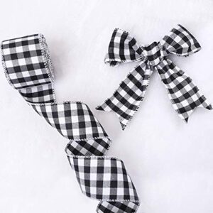 URATOT 2 Rolls Christmas White and Black Plaid Burlap Ribbon Christmas Wired Ribbon Gift Wrapping Ribbon for Christmas Tree Crafts Decoration, Floral Bows Craft, 236 by 2.48 Inches