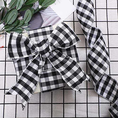 URATOT 2 Rolls Christmas White and Black Plaid Burlap Ribbon Christmas Wired Ribbon Gift Wrapping Ribbon for Christmas Tree Crafts Decoration, Floral Bows Craft, 236 by 2.48 Inches