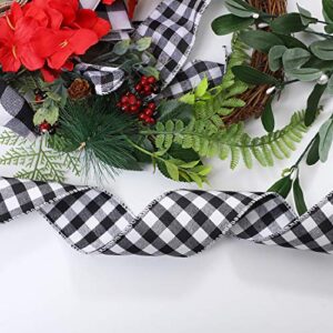 URATOT 2 Rolls Christmas White and Black Plaid Burlap Ribbon Christmas Wired Ribbon Gift Wrapping Ribbon for Christmas Tree Crafts Decoration, Floral Bows Craft, 236 by 2.48 Inches