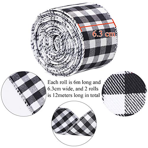 URATOT 2 Rolls Christmas White and Black Plaid Burlap Ribbon Christmas Wired Ribbon Gift Wrapping Ribbon for Christmas Tree Crafts Decoration, Floral Bows Craft, 236 by 2.48 Inches