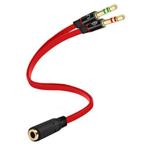 headphone splitter for computer 3.5mm female to 2 dual 3.5mm male headphone mic audio y splitter cable smartphone headset to pc adapter, upgraded, red