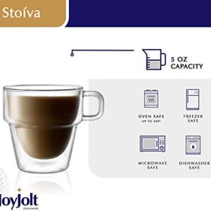 JoyJolt Stoiva Double Wall Insulated Espresso Glass Cups – 5 oz. (150 ml) Espresso Shot Glass Cup with Handle – Stackable Thermal Clear Glass Cups, Fit for Espresso Machine and Coffee Maker – Set of 4