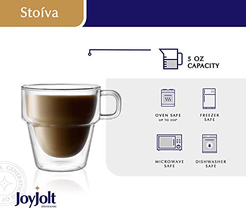 JoyJolt Stoiva Double Wall Insulated Espresso Glass Cups – 5 oz. (150 ml) Espresso Shot Glass Cup with Handle – Stackable Thermal Clear Glass Cups, Fit for Espresso Machine and Coffee Maker – Set of 4