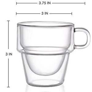 JoyJolt Stoiva Double Wall Insulated Espresso Glass Cups – 5 oz. (150 ml) Espresso Shot Glass Cup with Handle – Stackable Thermal Clear Glass Cups, Fit for Espresso Machine and Coffee Maker – Set of 4