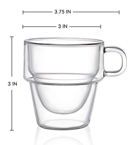 JoyJolt Stoiva Double Wall Insulated Espresso Glass Cups – 5 oz. (150 ml) Espresso Shot Glass Cup with Handle – Stackable Thermal Clear Glass Cups, Fit for Espresso Machine and Coffee Maker – Set of 4