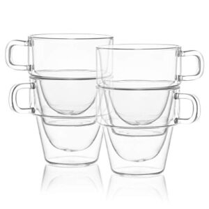 JoyJolt Stoiva Double Wall Insulated Espresso Glass Cups – 5 oz. (150 ml) Espresso Shot Glass Cup with Handle – Stackable Thermal Clear Glass Cups, Fit for Espresso Machine and Coffee Maker – Set of 4