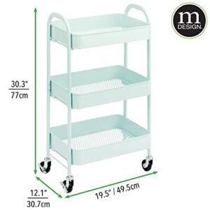 mDesign Metal 3-Tier Rolling Utility Storage Carts - Organizer Trolley for Bathroom, Kitchen, Laundry, Office, and Kids Rooms - Heavy Duty Caddy with 4 Caster Wheels - Mint Green