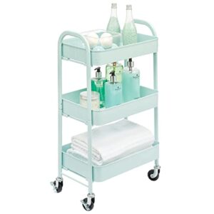 mDesign Metal 3-Tier Rolling Utility Storage Carts - Organizer Trolley for Bathroom, Kitchen, Laundry, Office, and Kids Rooms - Heavy Duty Caddy with 4 Caster Wheels - Mint Green