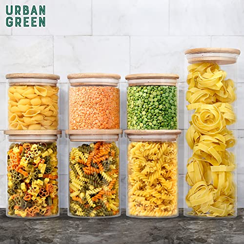 Urban Green Glass Storage Container Bamboo Lids, Glass Airtight Canisters sets, Glass Jar with Lids, Food Jars, Pantry Organization and Storage Containers, Spice Jars, Flour Canisters of 6