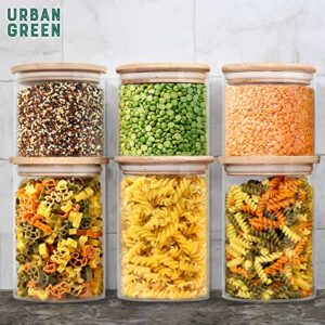 Urban Green Glass Storage Container Bamboo Lids, Glass Airtight Canisters sets, Glass Jar with Lids, Food Jars, Pantry Organization and Storage Containers, Spice Jars, Flour Canisters of 6