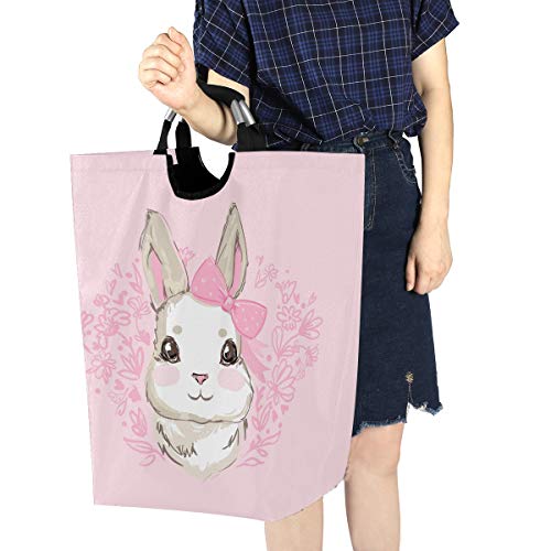 AGONA Cute Bunny Rabbit Laundry Basket with Handles Large Storage Bin Collapsible Fabric Laundry Hamper Foldable Laundry Bag for Kids Room Toy Bins Gift Baskets Bedroom Baby Nursery