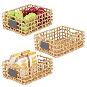 mdesign water hyacinth open weave household basket with built-in chalkboard label for storage in bedroom, bathroom, office - hold clothes, blankets, linens, accessories, 3 pack - natural/tan