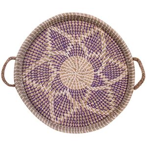 woven seagrass tray with handles, 18 inch round, purple floral design for centerpiece, walls, tables
