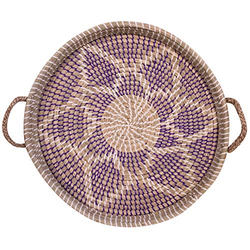 Woven Seagrass Tray with Handles, 18 Inch Round, Purple Floral Design for Centerpiece, Walls, Tables