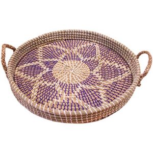 Woven Seagrass Tray with Handles, 18 Inch Round, Purple Floral Design for Centerpiece, Walls, Tables