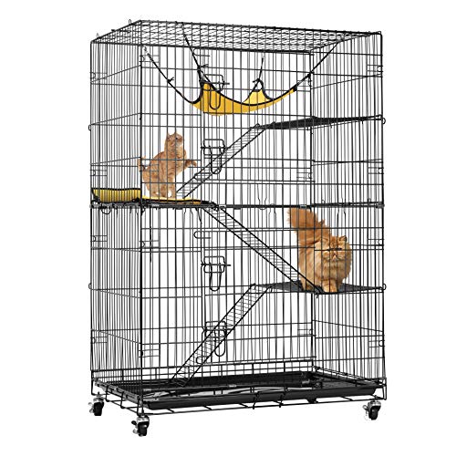 VIVOHOME 4-Tier 49 Inch Collapsible Metal Cat Kitten Ferret Cage 360° Rotating Casters Enclosure Pet Playpen with Ramp Ladders Hammock and Bed Black