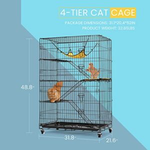 VIVOHOME 4-Tier 49 Inch Collapsible Metal Cat Kitten Ferret Cage 360° Rotating Casters Enclosure Pet Playpen with Ramp Ladders Hammock and Bed Black