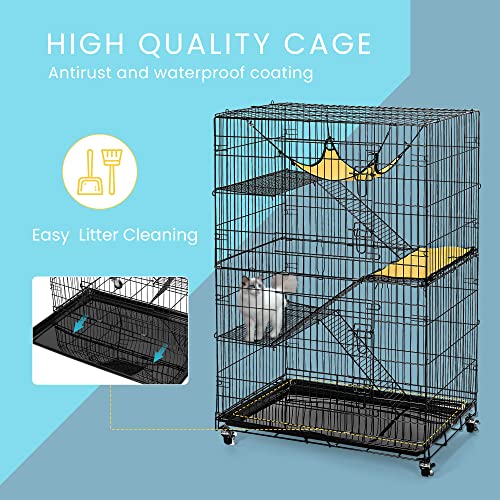 VIVOHOME 4-Tier 49 Inch Collapsible Metal Cat Kitten Ferret Cage 360° Rotating Casters Enclosure Pet Playpen with Ramp Ladders Hammock and Bed Black