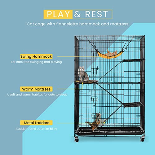 VIVOHOME 4-Tier 49 Inch Collapsible Metal Cat Kitten Ferret Cage 360° Rotating Casters Enclosure Pet Playpen with Ramp Ladders Hammock and Bed Black