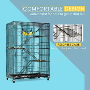 VIVOHOME 4-Tier 49 Inch Collapsible Metal Cat Kitten Ferret Cage 360° Rotating Casters Enclosure Pet Playpen with Ramp Ladders Hammock and Bed Black