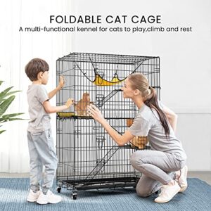 VIVOHOME 4-Tier 49 Inch Collapsible Metal Cat Kitten Ferret Cage 360° Rotating Casters Enclosure Pet Playpen with Ramp Ladders Hammock and Bed Black