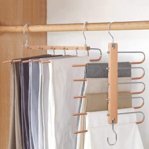 Magic Pants Hangers, Space Saving Closet Hangers 5 Layers 2 Uses Multi Functional Pants Rack | Solid Metal & Wood Heavy Duty Wardrobe Organizer Racks for Clothes Trousers Scarves Ties(One Pack)