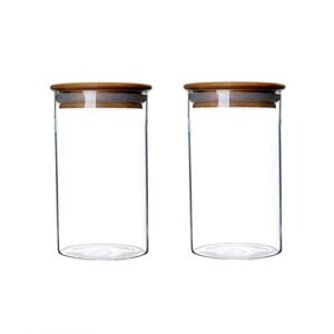 2pcs empty thicken clear glass canister home kitchen food storage cotainer jars pots with airtight wood lids air tight vial bottles for coffee bean tea sugar dry fruit nuts candy (350g)