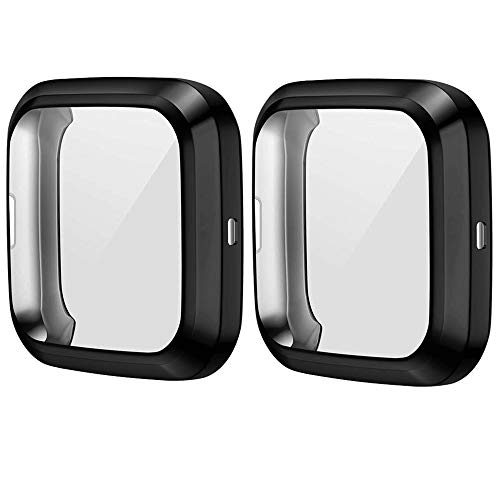 HANKN 2 Pack Case Compatible with Fitbit Versa 2 Screen Protector, Soft TPU Full Coverage Protective Cover Bumper Frame Versa 2 Smartwatch (Black+Black)