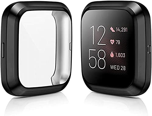 HANKN 2 Pack Case Compatible with Fitbit Versa 2 Screen Protector, Soft TPU Full Coverage Protective Cover Bumper Frame Versa 2 Smartwatch (Black+Black)