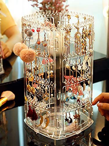 Cq acrylic 360 Rotating Earring Holder Organizer Clear Jewelry Displays Dangle Earinging Rack Necklace Bracelet Carousel Tree Towers,4 Tier Hanging Earring Display Stands For Selling,Pack of 1