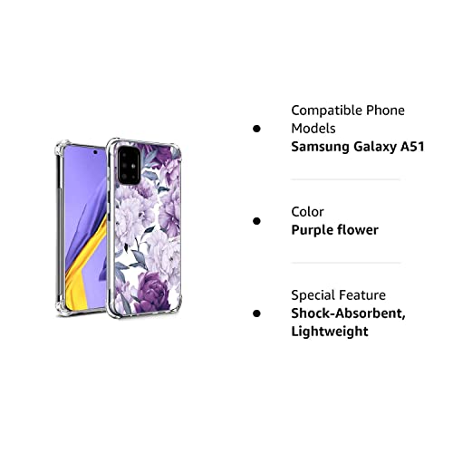 Leychan for Galaxy A51 Case, Slim Flexible TPU for Girls Women Airbag Bumper Shock Absorption Rubber Soft Silicone Case Cover Fit for Samsung Galaxy A51 (Purple Flower)