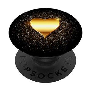 gold heart sparkle on black chic design popsockets popgrip: swappable grip for phones & tablets