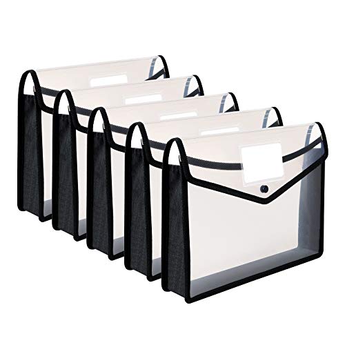 ThinkTex Plastic Expanding File Folder, Transparent envelopes with Snap Closure, No Dividers, Large Capacity, Fit Letter/A4 Size - 5 Packs