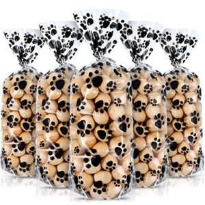 100 pieces pet paw print plastic cellophane bags wide bottom heat sealable treat candy bags dog cat gift bags with 100 pieces silver twist ties for pet treat party favor, 11 x 5 x 3 inch