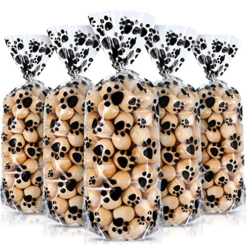 100 Pieces Pet Paw Print Plastic Cellophane Bags Wide Bottom Heat Sealable Treat Candy Bags Dog Cat Gift Bags with 100 Pieces Silver Twist Ties for Pet Treat Party Favor, 11 x 5 x 3 Inch