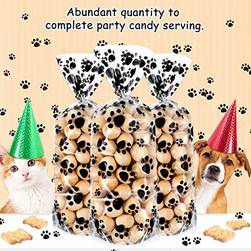 100 Pieces Pet Paw Print Plastic Cellophane Bags Wide Bottom Heat Sealable Treat Candy Bags Dog Cat Gift Bags with 100 Pieces Silver Twist Ties for Pet Treat Party Favor, 11 x 5 x 3 Inch