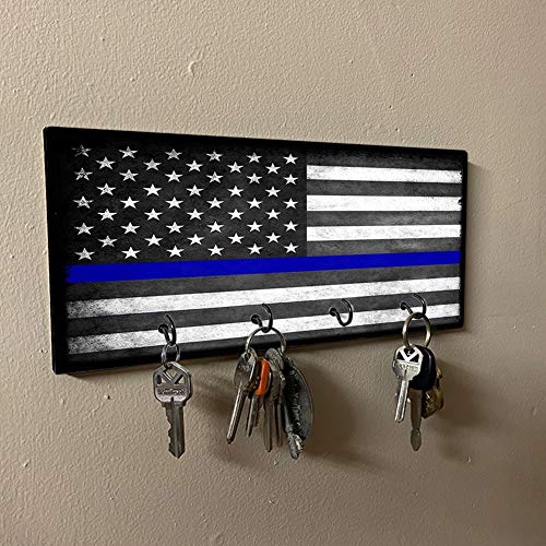 Brotherhood Thin Blue Line Law Enforcement Subdued American Flag Key Holder Organizer Wall Mount Rack for Holders The Home Keys Ring Decorative Hangers Decor Hook Hanger