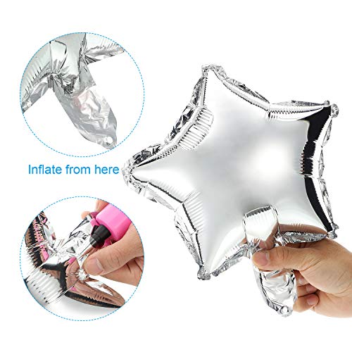 64 Pieces Star-shaped Mylar Balloons 10 Inch Star Balloons Star Mylar Foil Balloons for Baby Shower Gender Reveal Wedding Prom Engagement with 5 Sheets Balloon Glue (Silver)