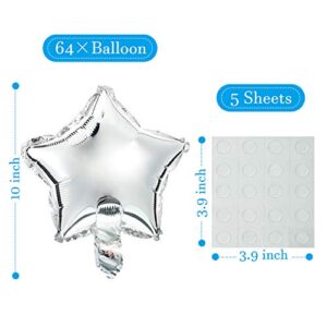 64 Pieces Star-shaped Mylar Balloons 10 Inch Star Balloons Star Mylar Foil Balloons for Baby Shower Gender Reveal Wedding Prom Engagement with 5 Sheets Balloon Glue (Silver)