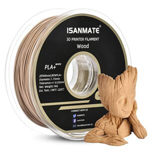 isanmate wood filament 1.75mm, pla+ wood filament 1.75mm, 3d printer filament 1kg/spool (20% wood powder+80% pla)