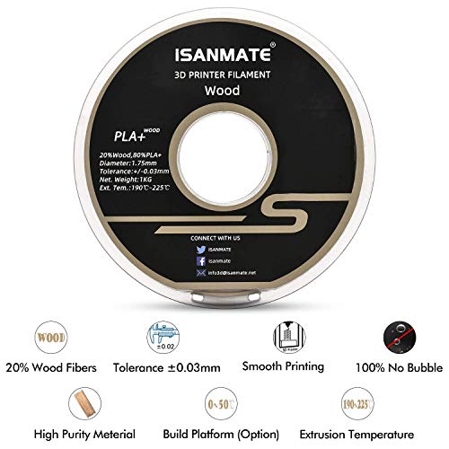 iSANMATE Wood Filament 1.75mm, PLA+ Wood Filament 1.75mm, 3D Printer Filament 1kg/Spool (20% Wood Powder+80% PLA)