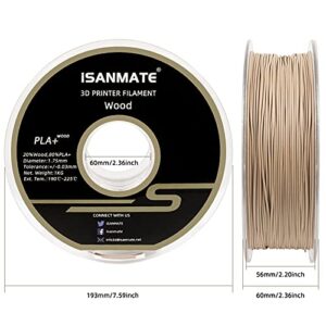 iSANMATE Wood Filament 1.75mm, PLA+ Wood Filament 1.75mm, 3D Printer Filament 1kg/Spool (20% Wood Powder+80% PLA)