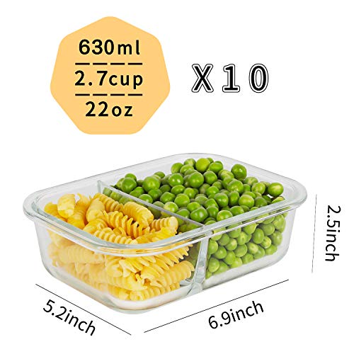 Bayco 10 Pack Glass Meal Prep Containers 2 Compartment, Glass Food Storage Containers with Lids, Airtight Glass Lunch Bento Boxes, BPA-Free & Leak Proof (10 lids & 10 Containers)