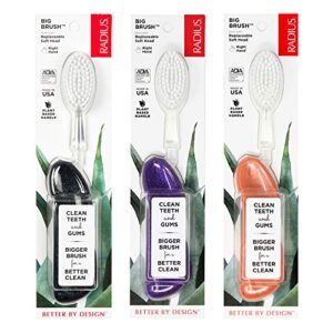 radius big brush bpa free & ada accepted toothbrush designed to improve gum health & reduce gum issues - right hand - purple/sea shell/midnight sky - pack of 3