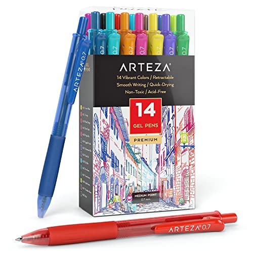 ARTEZA Colored Gel Pens, Pack of 14, Unique Vibrant Colors, Fine 0.7 mm Tip, Retractable, Art Supplies for Journaling, Drawing, Doodling, and Notetaking