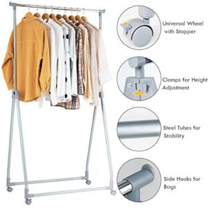 Tangkula Extendable Garment Rack, Heavy Duty Foldable Clothes Rack with Adjustable Hanging Rod, Rolling Clothes Hanger for Home Office (Silver)