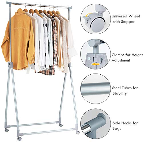 Tangkula Extendable Garment Rack, Heavy Duty Foldable Clothes Rack with Adjustable Hanging Rod, Rolling Clothes Hanger for Home Office (Silver)