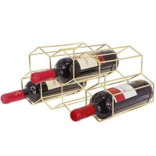 Tabletop Honeycomb Wine Rack - 9 Bottle Wine Holder for Wine Storage - No Assembly Required - Modern Black Metal Wine Rack - Wine Racks Desktop - Small Wine Rack and Wine Bottle Holder (Gold)