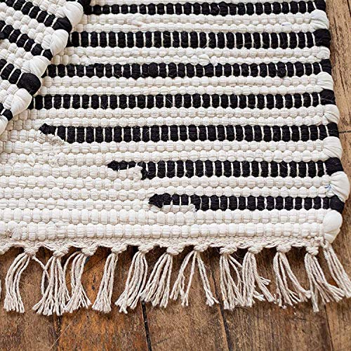 Kent & West - Accent Rug | Handwoven | Natural Cotton | Black Pattern | Fringed Ends | 23" x 35"